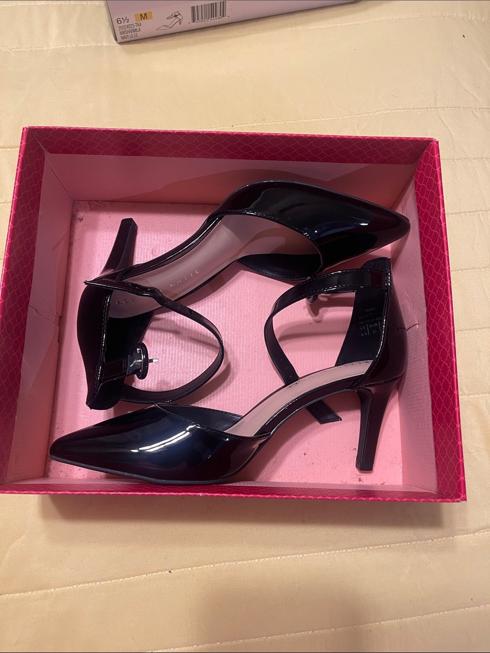 Kelly & Katie Black Patent Pointed-Toe Ankle-Strap Heels